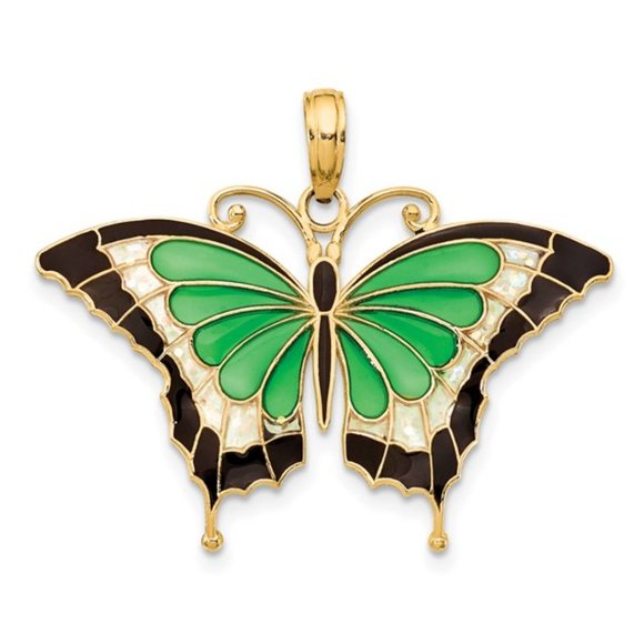 14k Yellow Gold w Yellow, Pink, Aqua, Green, red/blue Enameled Butterfly Pendant - Picture 2 of 8